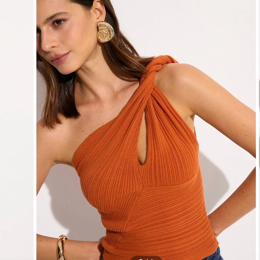 Asymmetrical One-Shoulder Knit Top - Burnt Orange - Size S